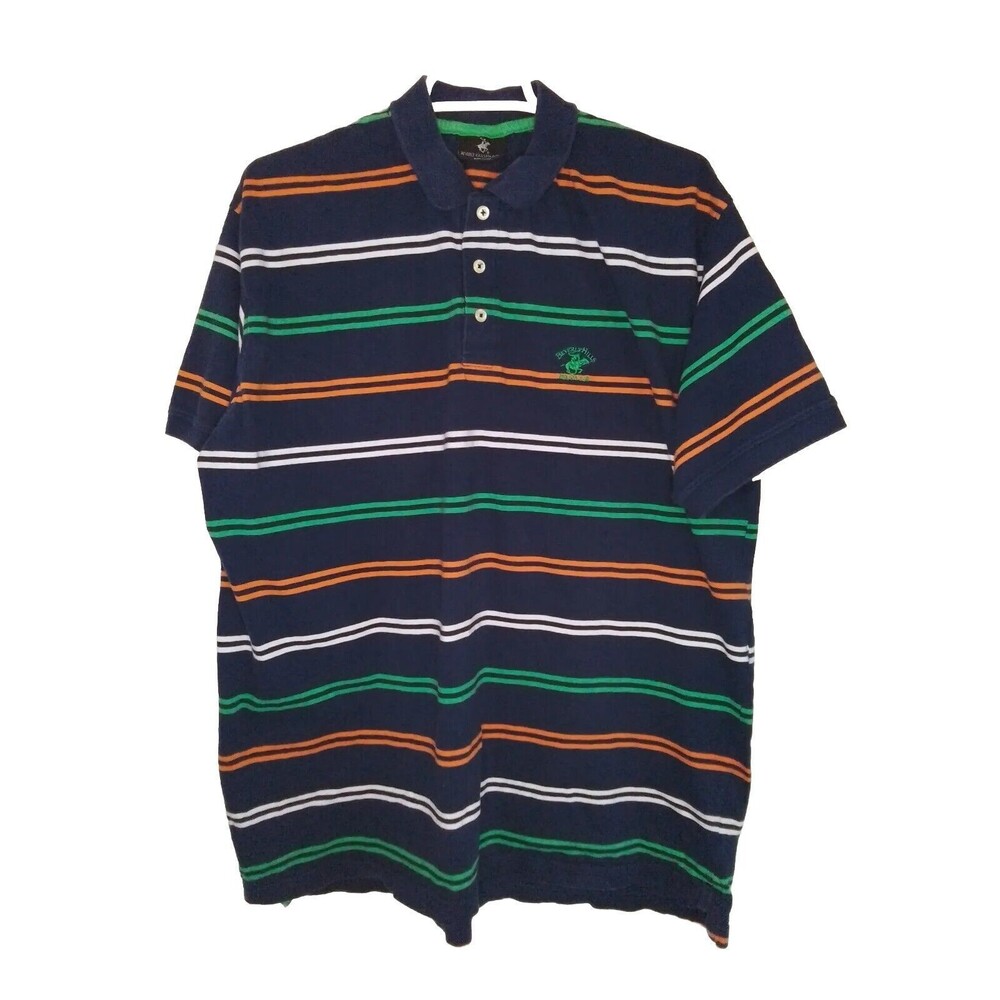 Beverly Hills Polo Club Polo Shirt Mens Size XL Blue Multicolored Striped Golf